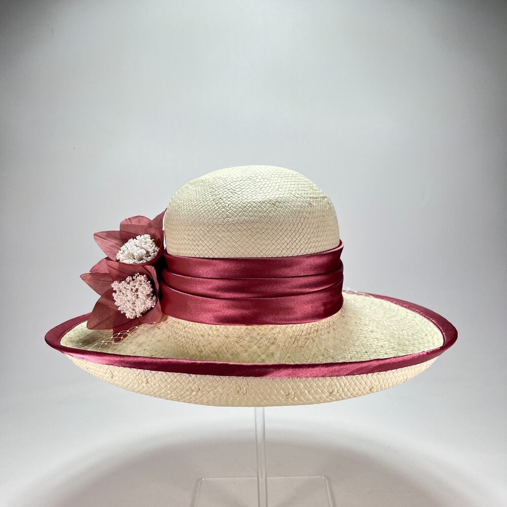 Kentucky Derby Cream Natural Burgundy Straw Wide Brim Floral Dress Hat Women's